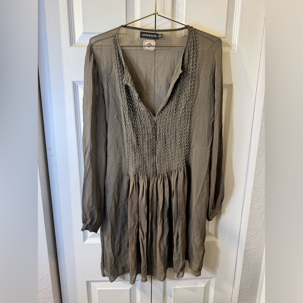 Antik Batik Olive Taupe Tunic Top with Black Trim
